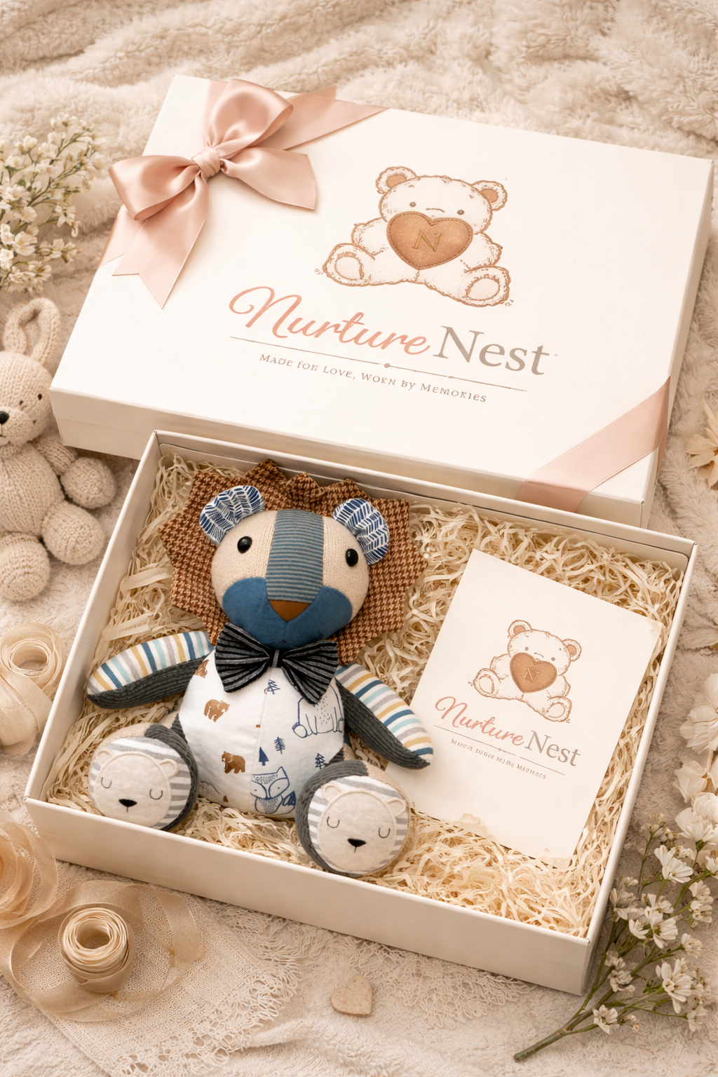 Nurture Nest keepsake teddy bear in a cream gift box with a pink ribbon