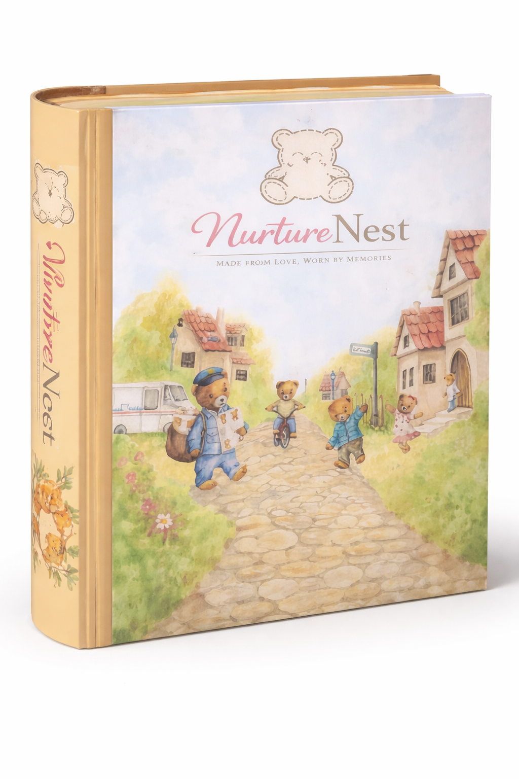 The Nurture Nest storybook keepsake box, illustrated with a watercolor village of teddy bears